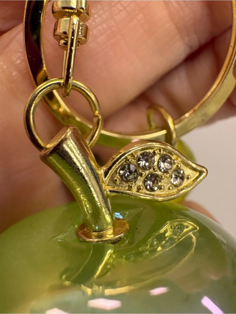 NWOT Iridescent Lime Green Glass Apple Keychain Charm Gold Rhinestone Leaf Cute
